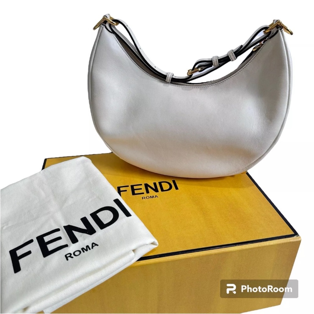 Fendi Fendigraphy Small White Leather Hobo Shoulder Bag Gold Hardware Full Set